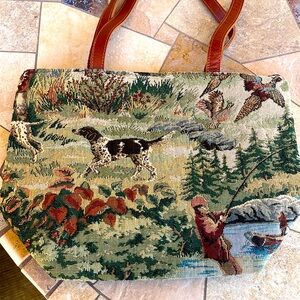 Tapestry Vintage Shoulder Tote Depicting Fishermen, Dogs & Birds